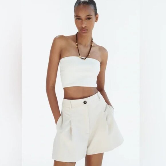 ZARA White High Waist Pleated Trouser Shorts Pockets Size L - Picture 1 of 7